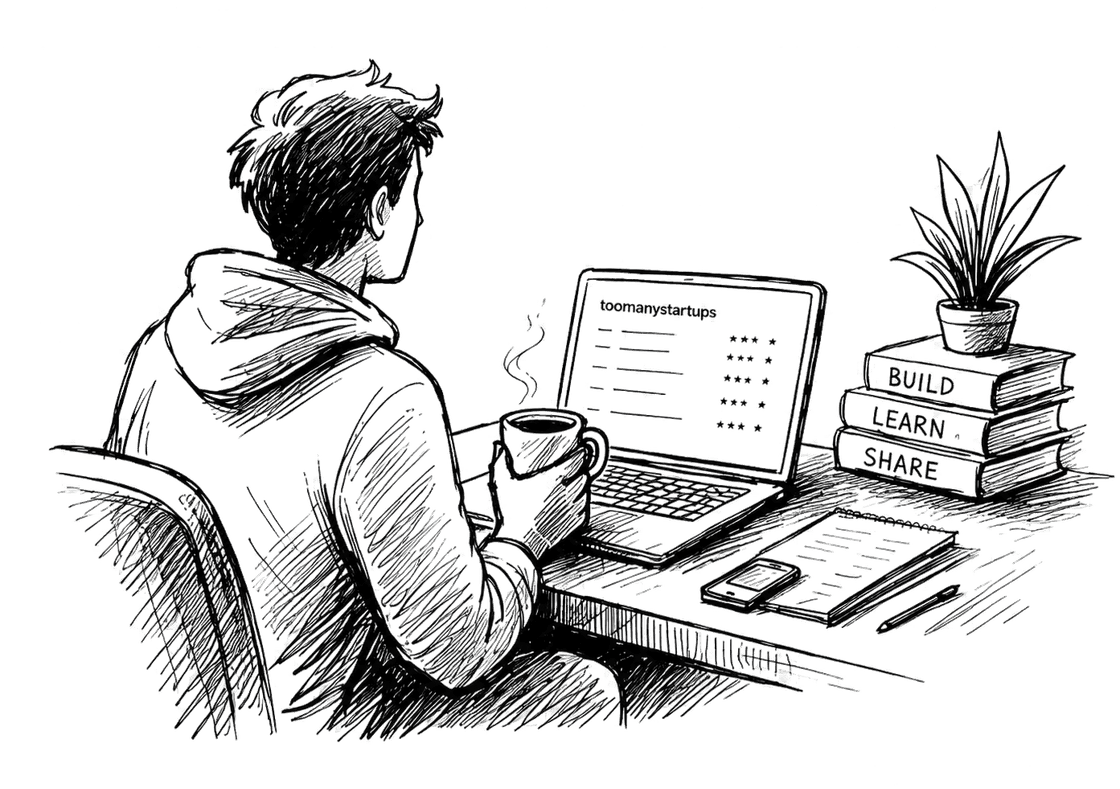 Hand-drawn sketch of a founder at a desk reviewing startups with a coffee
